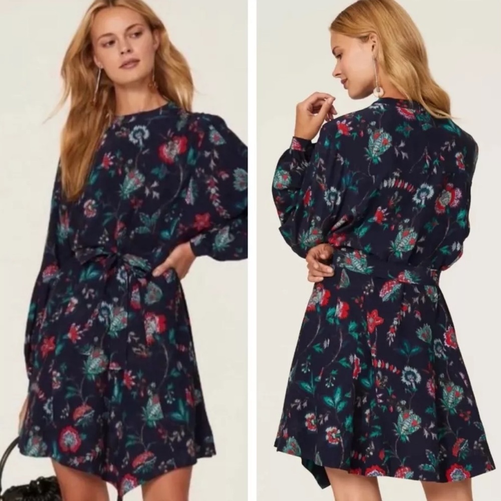 A19 Derek Lam A-Line Navy Floral Print Long Sleeve Belted Mini‎ Dress